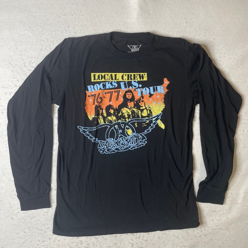 Aerosmith Local Crew Rocks US Tour 76-77 Long Sleeve‎ Shirt Mens Large Black L/G